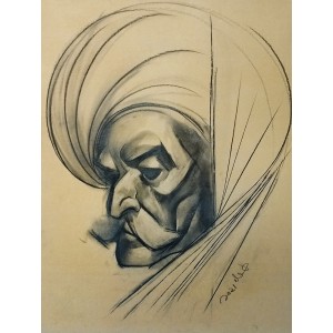 Doda Baloch, Tribad Man in Headwrap, 12 x 16 Inch, Charcoal on Paper, Figurative Painting, AC-DDB-016